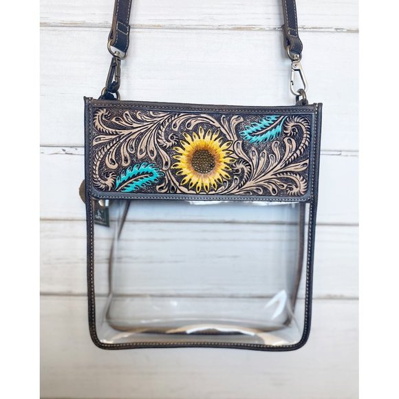 Myra Bag Bags Sunflower Clear Stadium Bag Hand Tooled Leather